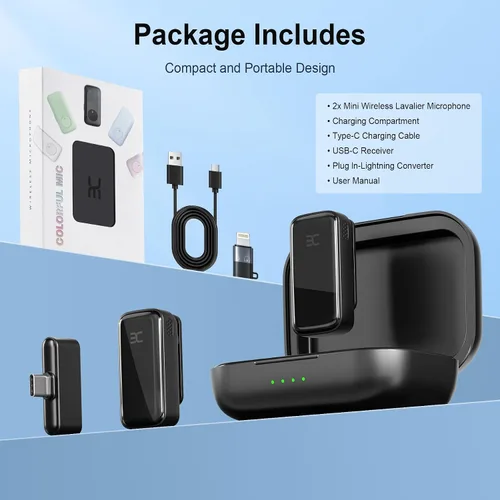 Vista 8 de EX Sistema de micrófono inalámbrico Lavalier, micrófonos de doble clip + funda de carga, rango de 164 pies Plug-and-Play para iPhone/Android
