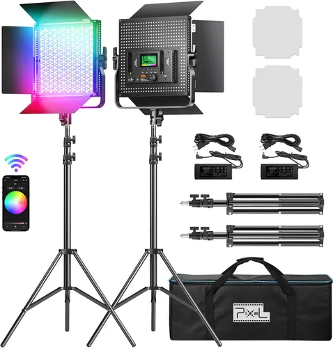 Vista 9 de Pixel K80 Iluminación de fotografía bicolor con control remoto, paquete de 2 unidades de 45 W 3200K-5600K luz de video LED regulable, luz de panel