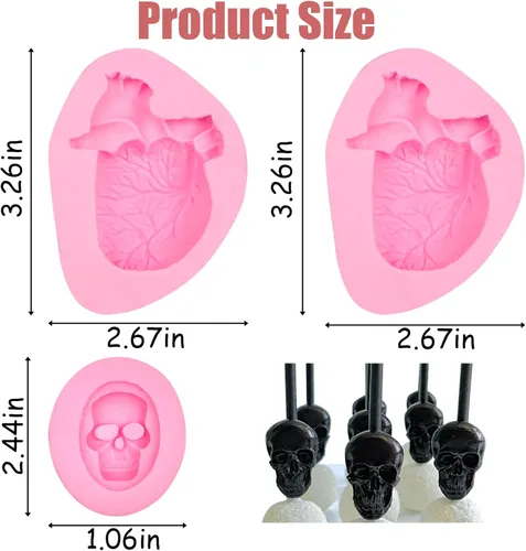 Vista 3 de Moldes de fondant de chocolate con corazón humano, 3 piezas, molde de silicona en forma de corazón humano 3D con cabeza de calavera para Halloween