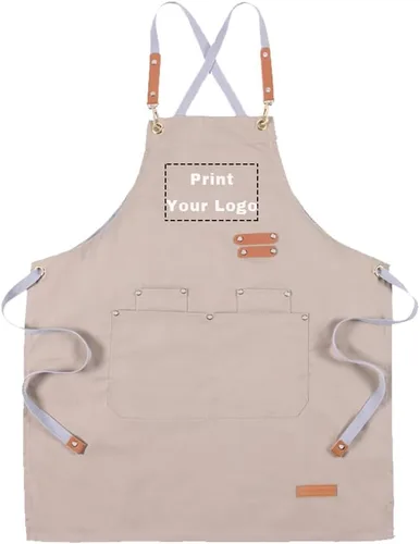 Vista 11 de Delantal de chef personalizado con espalda cruzada con correas ajustables, lona bordada e impresión Beigeapron (bordado)