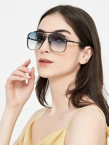 Vista 2 de PORADAY Gafas de sol cuadradas de aviador para hombres y mujeres, a la moda, de gran tamaño, gafas de sol de piloto, montura de metal vintage, tonos