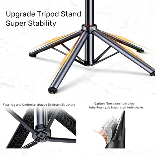 Vista 6 de Trípode negro para iPhone con luz, soporte de luz de anillo para iPhone, soporte ajustable para selfie stick con luz de relleno, trípode extensible