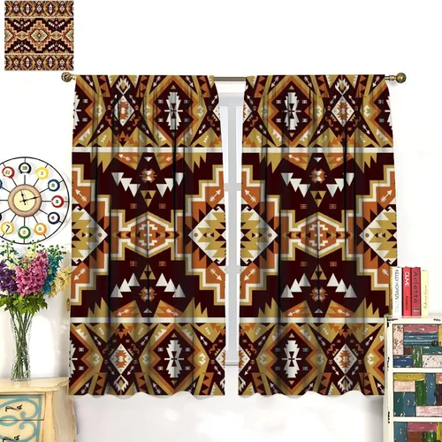 Vista 218 de Cortinas con patrón geométrico tribal, estilo suroeste, azteca, rústico, occidental, nativo americano, opacas, con bolsillo para barra, decoración
