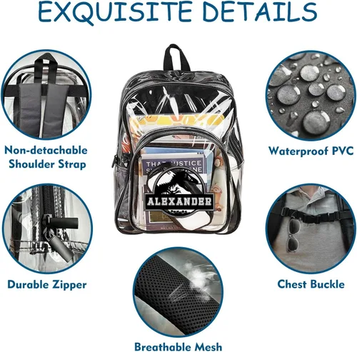 Vista 4 de Ecautly Mochila clara personalizada, mochila plástica clara de encargo para la escuela con nombre, Mochila E-clear