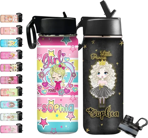 Vista 15 de InterestPrint Botella de agua personalizada para niños de 18 onzas con tapa de pajilla, botella de agua aislada de doble pared de acero inoxidable