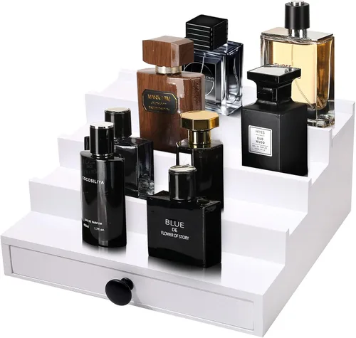 Vista 15 de 4 Tier Men's Cologne Organizer, Black Wooden Display Stand with Drawer Negro-4 niveles