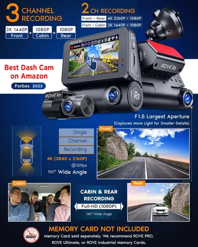 Vista 3 de Cámara de tablero ROVE R3 delantera y trasera con cabina, pantalla táctil IPS de 3”, cámara de tablero de 3 canales 1440P+1080P+1080P, visión