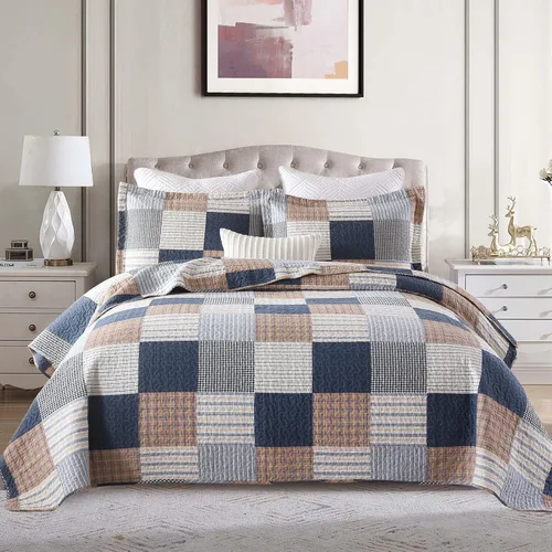 Vista 10 de Finlonte Edredones Tamaño Queen - Juego de Edredón Queen de Algodón 100% a Cuadros, Juego de Ropa de Cama de Granja Moderna, Colcha Reversible