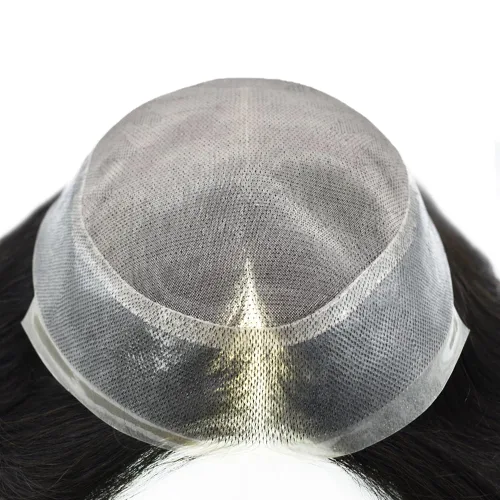 Vista 4 de Tupé de cabello humano fino para hombre, tupé mono tupé para hombres atados a mano, sistema de reemplazo de cabello para hombres, postizo