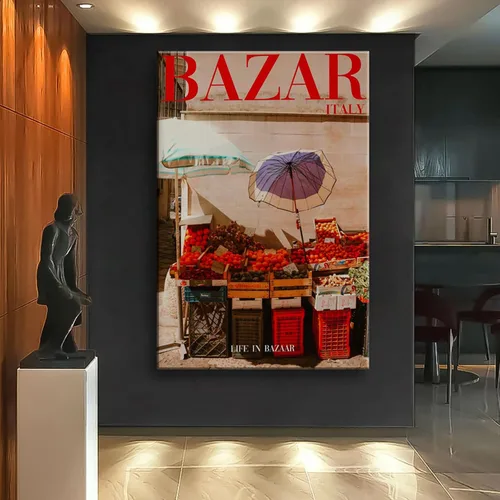 Vista 3 de Arte de pared de revista, impresión de pared de los años 70, arte de pared rojo, póster enmarcado de Bazaar Italia, arte psicodélico de verano