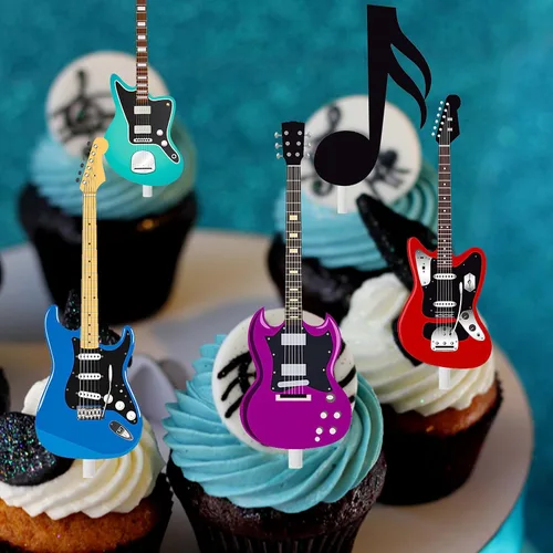 Vista 7 de 24 piezas de decoración de guitarra, para cupcakes, notas musicales, rock, cumpleaños, pasteles, decoraciones de fiesta para guitarrista