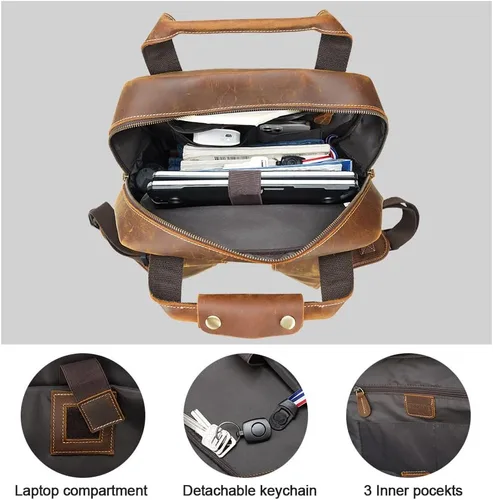 Vista 4 de TIDING - Mochila para portátil de cuero de grano completo de 15.6 pulgadas para hombre, mochila grande casual para viaje, estilo vintage, para fin