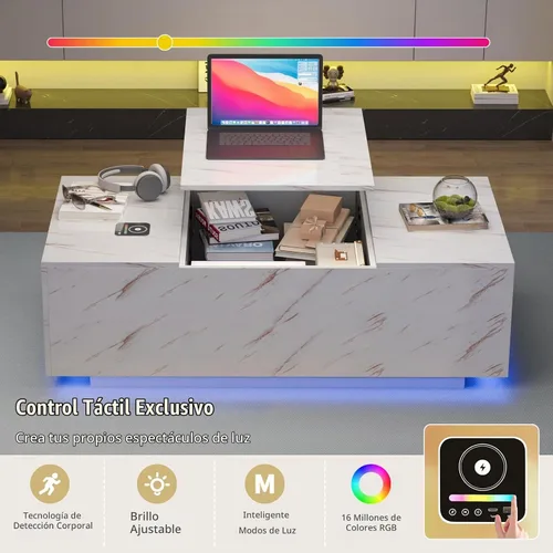 Vista 5 de Mesa de centro LED, mesas de centro elevables de 47.2 pulgadas con cajones y gran almacenamiento, mesa inteligente para sala de estar con carga