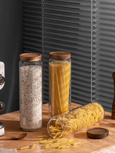 Vista 5 de Kanwone Juego de 3 recipientes herméticos para almacenamiento de alimentos, recipientes de almacenamiento de vidrio de 54 onzas con tapas de bambú