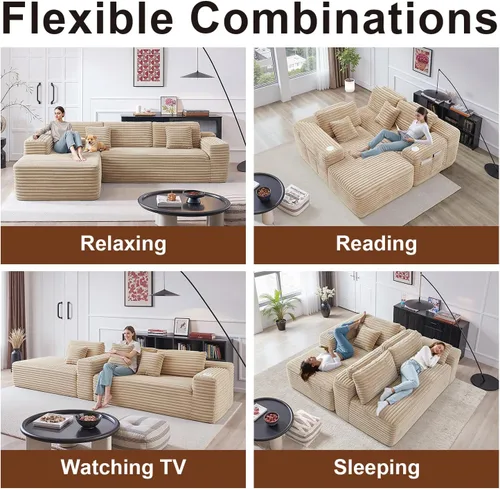Vista 3 de Sofá modular Cloud con diván en forma de L, moderno sofá modular con asiento profundo, portavasos integrado y bolsillo de almacenamiento para sala