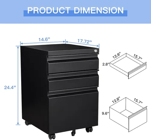 Vista 3 de Yizosh Archivador móvil de 3 cajones con cerradura, archivador negro debajo del escritorio, archivador con bloqueo de metal sobre ruedas