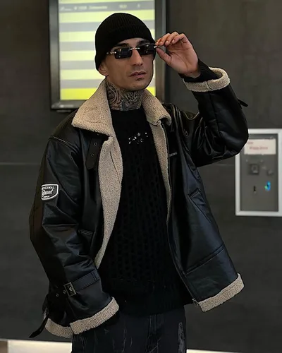 Vista 2 de Aelfric Eden Chaqueta de poliuretano para hombre, chaqueta universitaria de gran tamaño, cierre de cremallera, casual, retazos, cuello de cordero