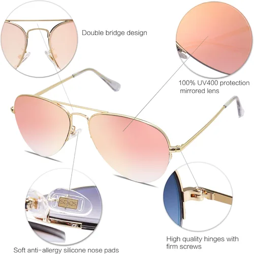 Vista 5 de SOJOS Men's Women's Aviator Sunglasses, Classic Semi Metal Frame INSPIRATION SJ1106