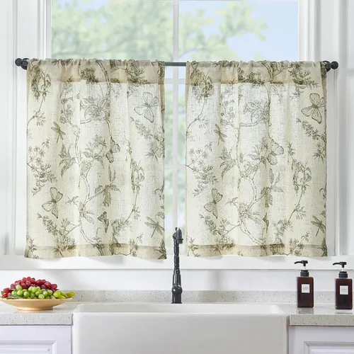 Vista 17 de Lazzzy Cortinas de lino floral verde con bolsillo para barra de granja, 50 Charlotte Verde