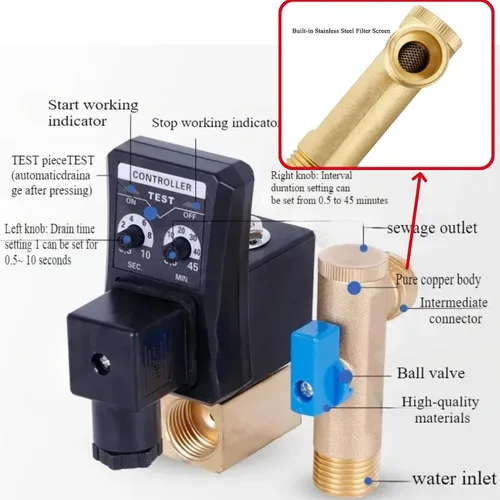 Vista 4 de G1/2 DN15 230V automático cronometrado agua electrónica válvula de drenaje cronometrada para la gestión del condensado del compresor de aire (230V)