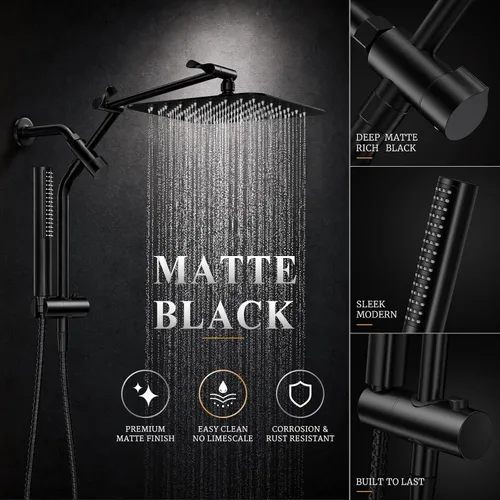 Vista 2 de Veken - Cabezal de ducha de lluvia de lujo de 10 pulgadas con rociador de mano, cuadrado Negro mate