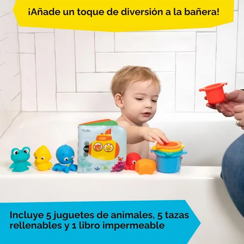 Vista 3 de Baby Einstein Ocean Explorers Opus Bath Pals - Juego de regalo de 11 piezas, libro de baño impermeable, tazas de baño, juguetes de baño