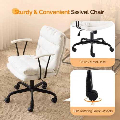 Vista 4 de VINGLI Silla de escritorio acolchada blanca con/sin ruedas, base doble, reposabrazos removibles, silla giratoria ajustable y cómoda para Blanco