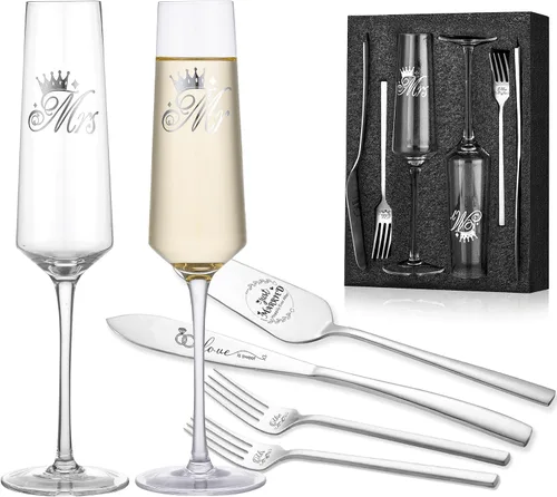 Vista 9 de Juego de cuchillo y servidor para pastel de boda, copas de champán para regalos de despedida de soltera Dorado