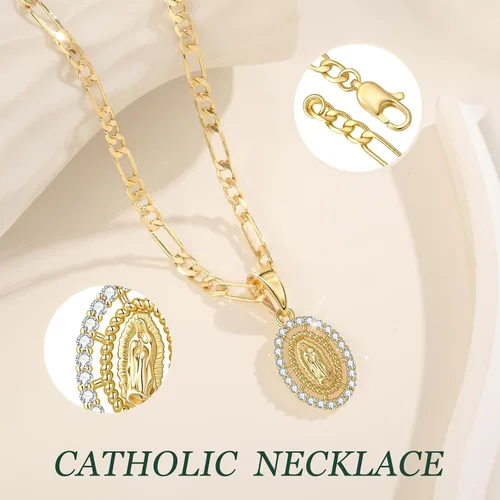 Vista 6 de Regalo católico, collar de Virgen María para mujer, chapado en oro de 14 quilates, collar con colgante de Guadalupe Madre María, circonita cúbica