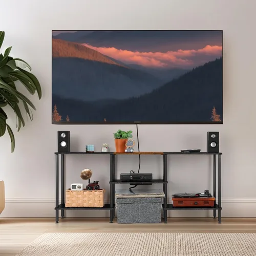 Vista 7 de OYEAL Soporte de TV Negro para Dormitorio con Tomas de Corriente para TV de hasta 50 Pulgadas, Pequeño Centro de Entretenimiento con Almacenamiento