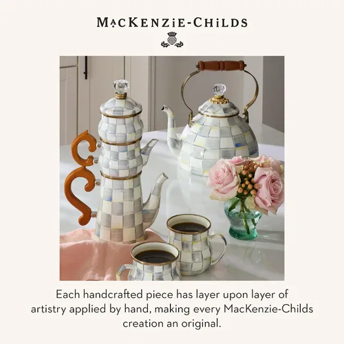 Vista 6 de MACKENZIE-CHILDS - Hervidor de té esmaltado, elegante hervidor de té para estufa, cuadro de estera gris y blanco, 3 cuartos de galón Sterling Check