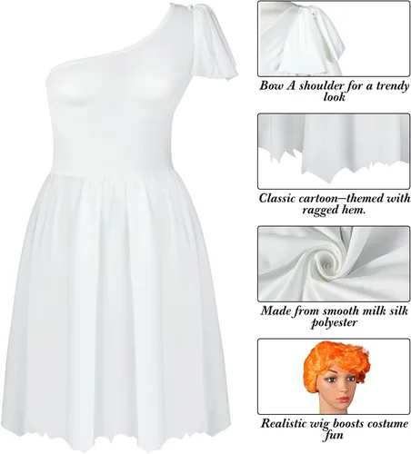 Vista 2 de Disfraz de hombre de las cavernas de Halloween para mujer, vestido blanco, peluca naranja para pareja, familia, período de piedra, fiesta temática