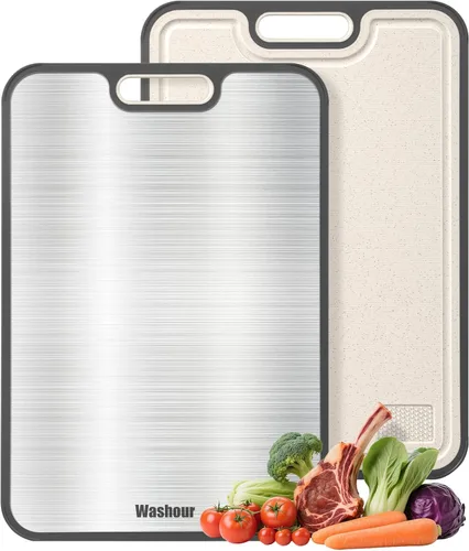 Vista 5 de Double Sided Titanium Cutting Board, Food Grade Titanium PP Chopping Board with Grinding Zone & Juice Groove, Non Slip Cutting Mat for Kitchen Dorm
