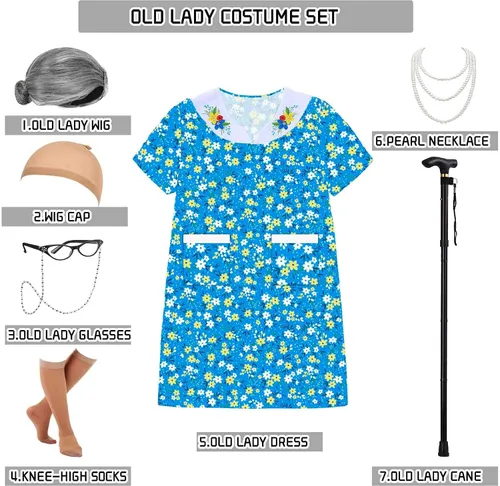 Vista 4 de Znorso Old Lady Costume Kit 100th Day of School Little Girls with Nightgown Wig Cane & Other Halloween Cosplay Dress Up