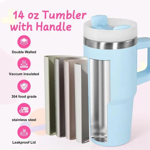 Vista 4 de Vaso de 14 onzas con asa de acero inoxidable de doble capa aislante, botella de agua de acero inoxidable reutilizable para niños, regalos para niños