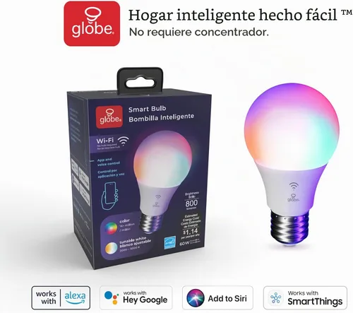 Vista 9 de Bombilla LED Wi-Fi inteligente GLOBE Electric de 10W, RGB multicolor + blanco ajustable 2000K–5000K, forma A19, base E26, control por aplicación +