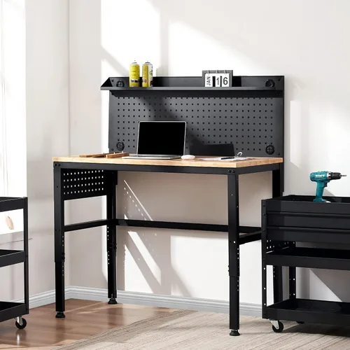 Vista 2 de MCombo Banco de trabajo ajustable con mesa de madera maciza para garaje, mesa de trabajo de acero con 2 tableros de clavijas Bench48 (negro)