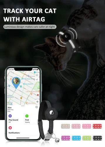 Vista 7 de Apple AirTag - Collar para gatos, rastreador GPS con función separable y campana, ligero para gatos y gatitos (negro)