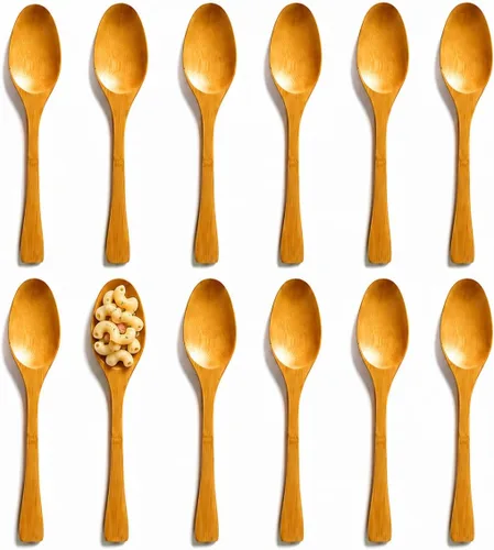 Vista 8 de Juego de 12 cucharas pequeñas de bambú, cucharas de postre de madera de 5.5 pulgadas para helados, yogur, aperitivos, cucharas de degustación