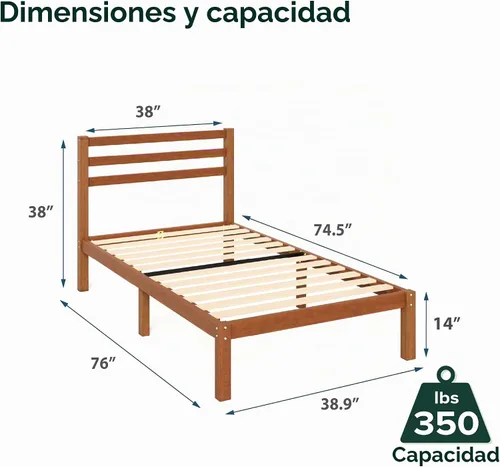 Vista 2 de Zinus Leah - Marco de cama de plataforma de bambú con cabecero, no necesita somier, soporte de listones de madera, fácil de montar