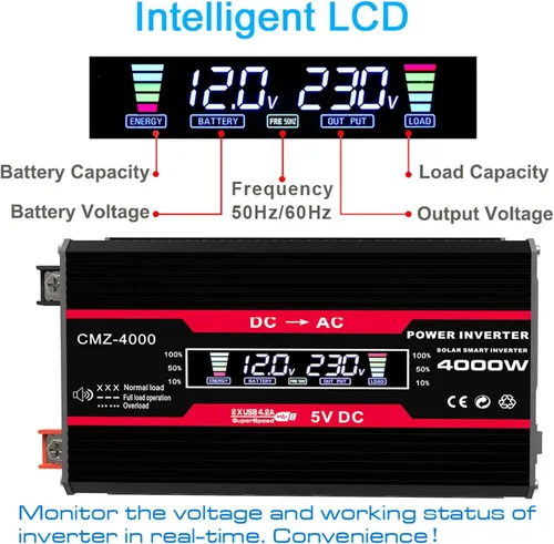 Vista 3 de Sistema de energía solar completo de 4000 W, 12 V a 110 V/220 V, sistema solar, inversor combinado, kit de panel solar, sistema de red doméstica Rojo