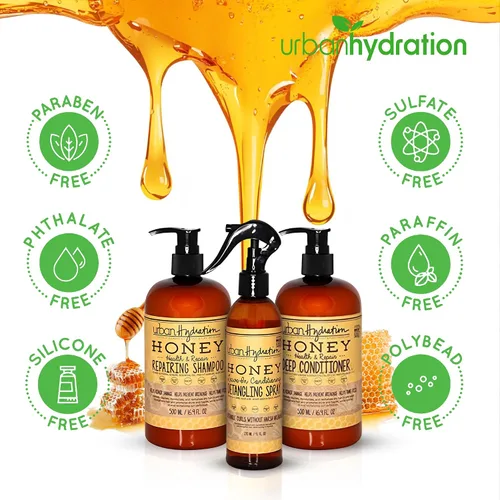 Vista 2 de Urban Hydration Honey Health and Repair - Juego de champú, acondicionador y desenredante Sin sulfatos, parabenos ni tintes, limpia, desenreda
