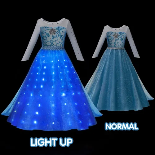 Vista 3 de UPORPOR Vestido de princesa iluminado, disfraces de Halloween, ropa para niñas y niños, traje de fiesta de Navidad, azul, 2-14 años