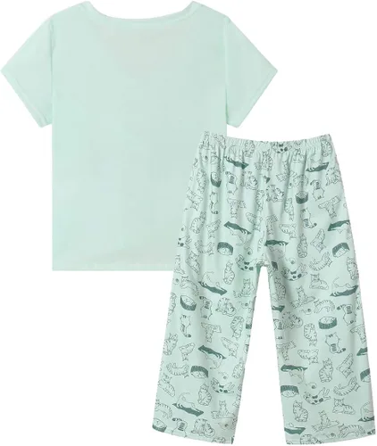 Vista 2 de YIJIU Pijama suave y cómoda para mujer, conjunto de pijama de manga corta con diseño de gato lindo