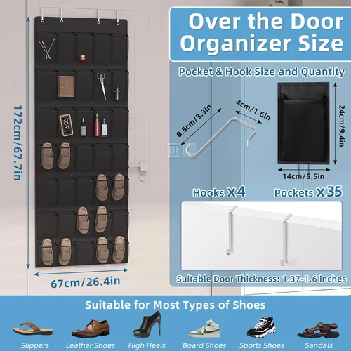 Vista 2 de Aisoso Organizador de zapatos sobre la puerta con 35 grandes bolsillos de malla transpirable y 4 ganchos de metal que ahorran espacio para zapatos