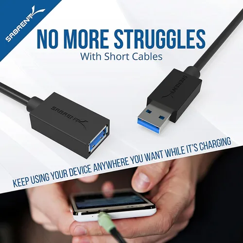 Vista 7 de Cable de extensión USB 3.0 SABRENT 22AWG macho A a hembra A [negro] 3 pies (CB-3030)