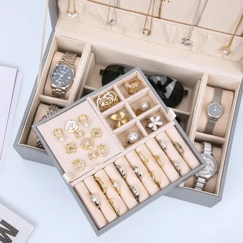 Vista 3 de LANDICI Joyero organizador para mujeres y niñas, estuche grande de 2 capas para hombres con bandeja extraíble, soporte de almacenamiento de joyas