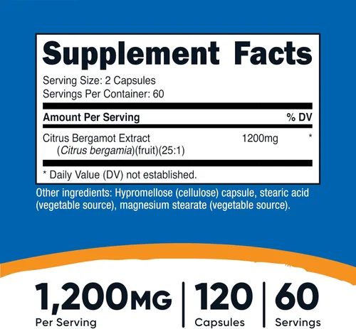 Vista 2 de Nutricost Cápsulas de bergamota cítrica de 1,200 mg, 120 cápsulas - Extracto de bergamota 25:1 - 60 porciones, sin gluten, vegano y sin OMG