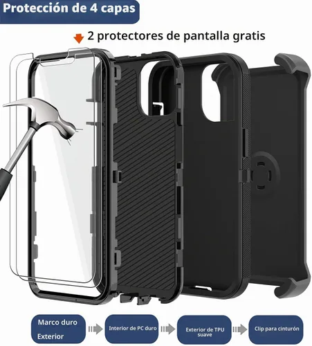 Vista 3 de Funda para iPhone 14 Plus (6.7 pulgadas) con funda de clip para cinturón, 2 protectores de pantalla, resistente grado militar, cuerpo completo, a