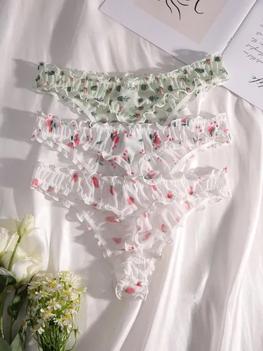 Vista 2 de SHENHE Paquete de 3 bragas de malla transparente con ribete de lechuga para mujer